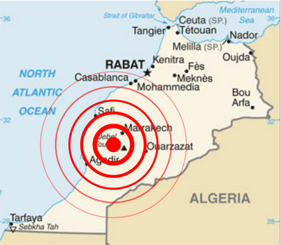Zone tremblement terre Maroc